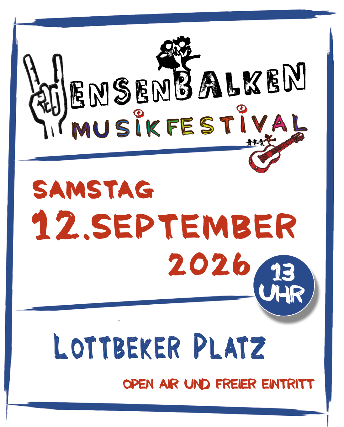 Veranstaltungsplakat für das Wensenbalken-Musikfestival – Musik von Nachbarn für Nachbarn in und um die Wensenbalken Siedlung in Hamburg Volksdorf